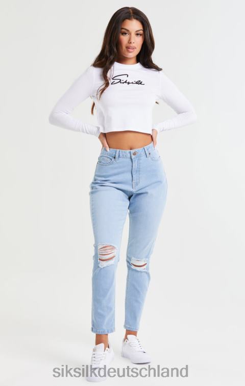 SikSilk Hellblaue Mom-Jeans aus Denim mit Knierissen Frauen 680DH189 Bekleidung