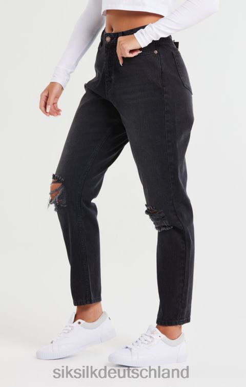 SikSilk Mom-Jeans aus gewaschenem schwarzem Denim mit Knierissen Frauen 680DH191 Bekleidung