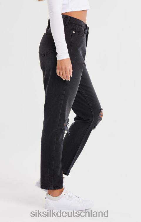 SikSilk Mom-Jeans aus gewaschenem schwarzem Denim mit Knierissen Frauen 680DH191 Bekleidung