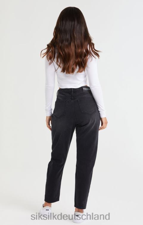 SikSilk Mom-Jeans aus gewaschenem schwarzem Denim mit Knierissen Frauen 680DH191 Bekleidung