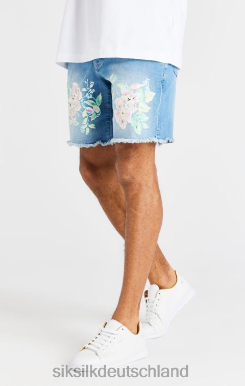 SikSilk Jeansshorts mit rohem Blumenmuster – helles Mittelsteinblau Männer 680DH601 Bekleidung