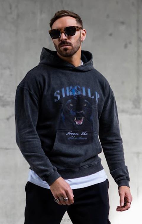 SikSilk Schwarzer, grafischer, schmal geschnittener Kapuzenpullover Männer 680DH440 Bekleidung